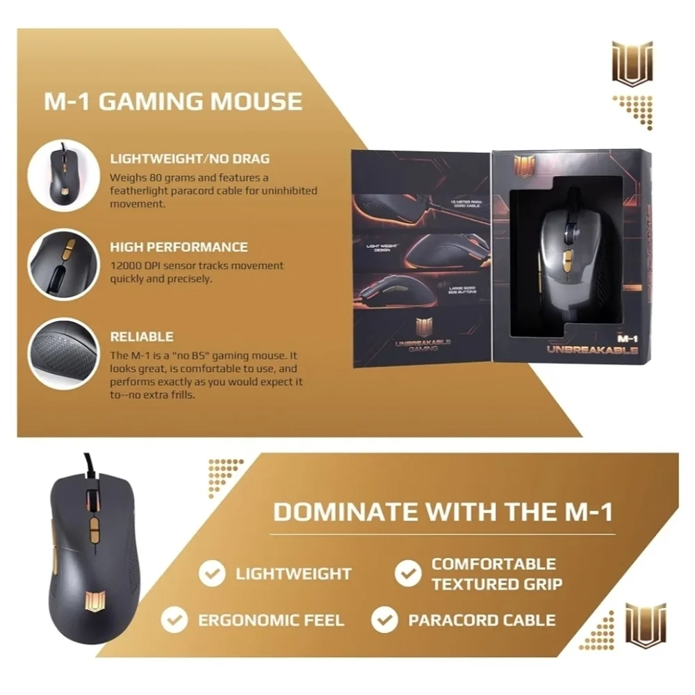 Unbreakable Gaming Modern WIRED M-1 PC Gaming Mouse, New Without Box